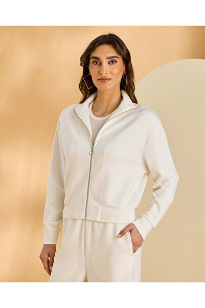 REDTAG Women Ivory High Neck Zip Front Sweatshirt