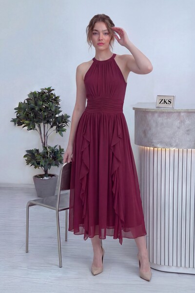 zks grup tekstil Women's Halter Neck Ruffled Midi Length Chiffon Dress Brown,...