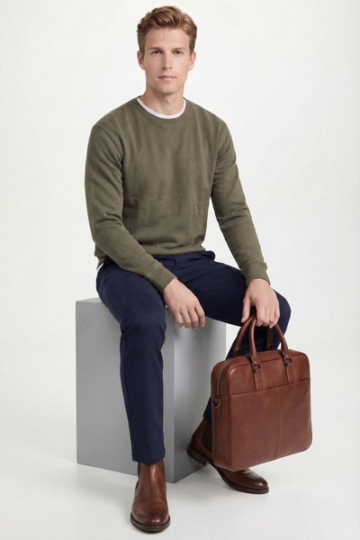 Butikayandon Men's Pique Fabric 2 Thread Crew Neck Sweatshirt