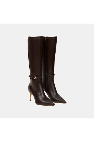 Desa Kadın Kahve Sivri Burunlu İnce Topuklu Deri Çizme