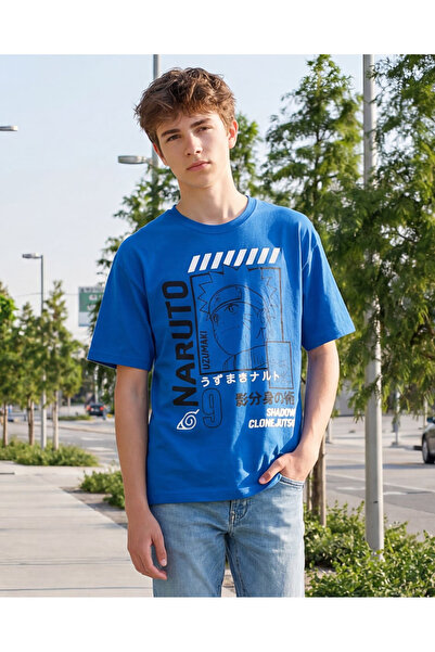 REDTAG تيشيرت رجالي كبير الحجم مطبوع عليه رسومات ناروتو باللون الأزرق الملكي