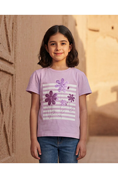 REDTAG Girls Lilac Floral Rhinestone Embellished Tee