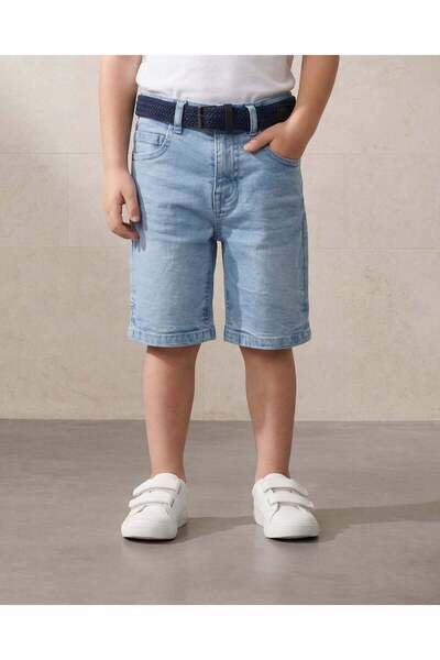 REDTAG Boys Jeans Blue Light Wash Belted Shorts