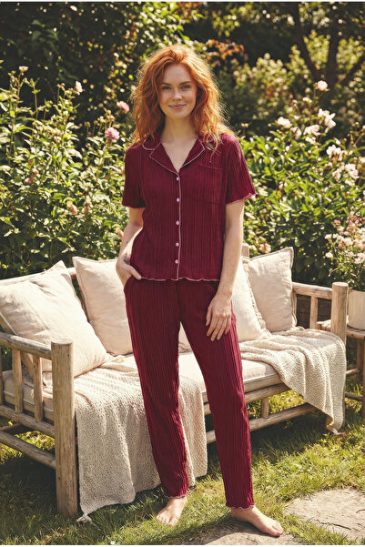 Medinenur Ruffle Detailed Knitted Short Sleeve Buttoned Pajama Set