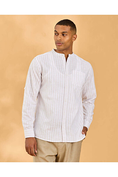 REDTAG Men White Striped Cotton Slub Mandarin Collar Shirt
