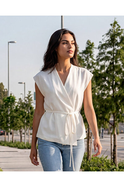 REDTAG Women’s Ivory Wrap Blouse with Waist Tie