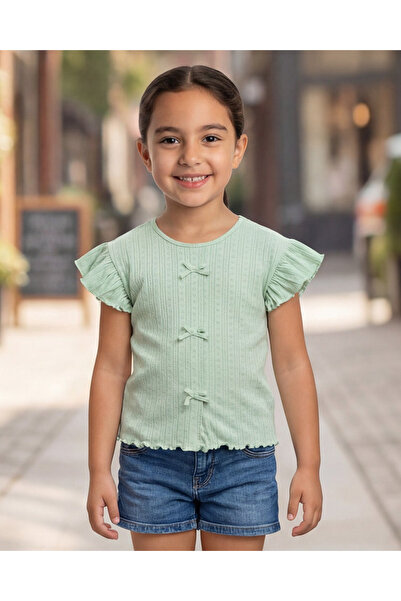 REDTAG Girls Light Green Pointelle Bow T-Shirt