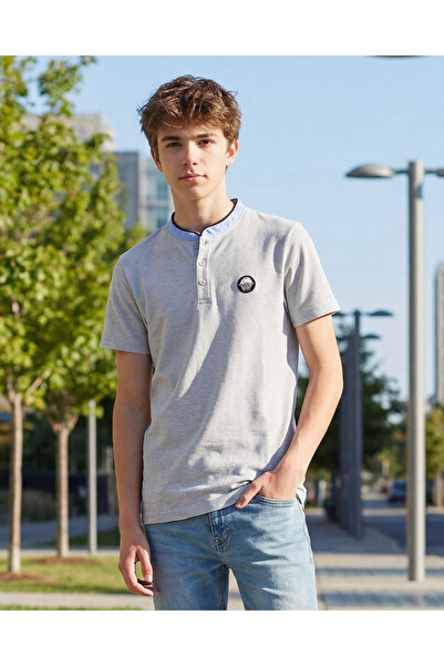 REDTAG Senior Boys Grey Mandarin Collar T-shirt