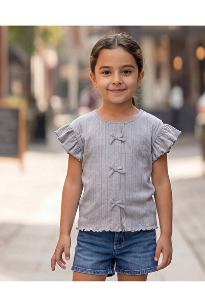 REDTAG تيشيرت رمادي للبنات بفيونكة منقطة