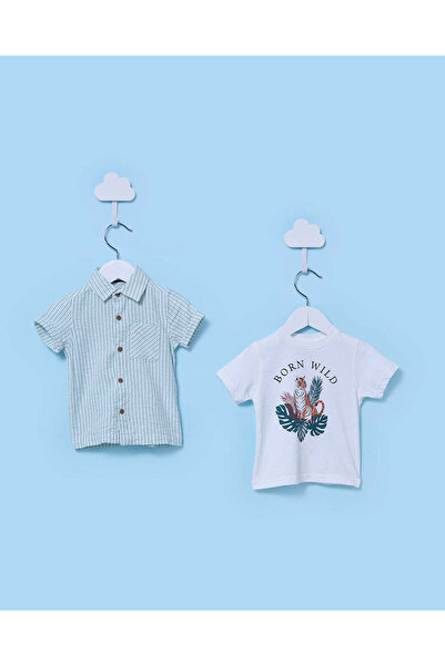 REDTAG Infant Boys Blue Striped Pack of 2 Shirts