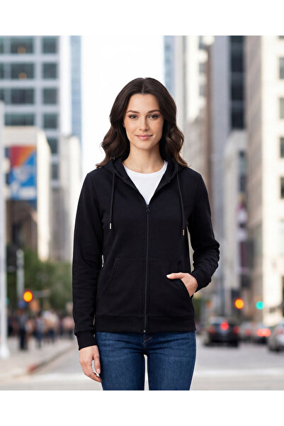 REDTAG Women Black Hooded Sweatshirt