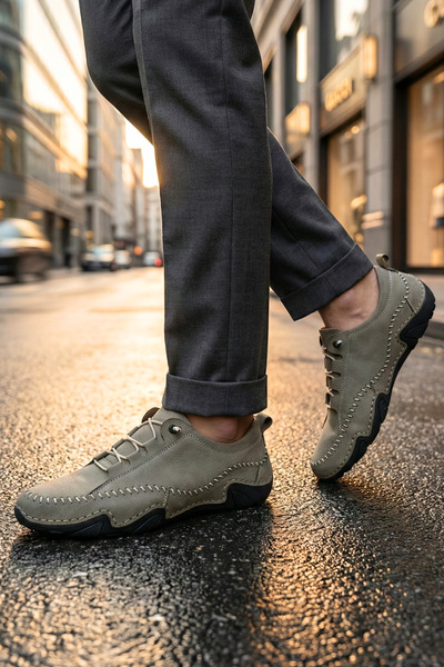 Ekonomik Ayakkabı Genuine Leather Men's Casual Shoes Mink – Lace-Up, Hand-Sti...