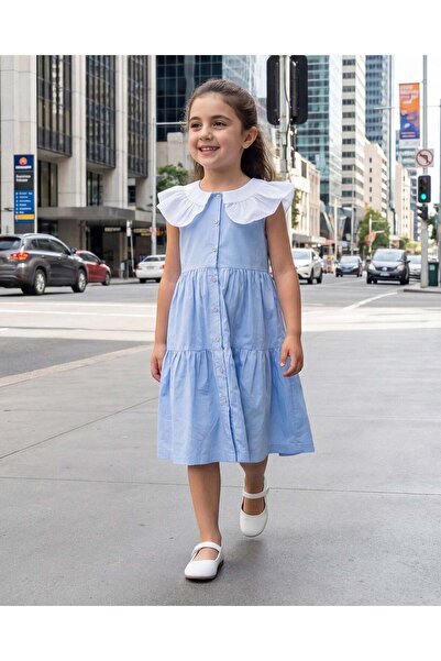 REDTAG فستان قماش بوبلين أزرق بياقة متباينة للبنات