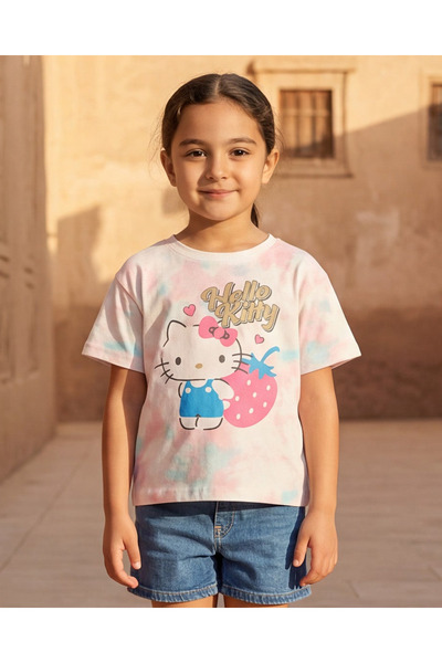 REDTAG تيشيرت بناتي برسومات هيلو كيتي المصبوغة بتقنية التاي داي