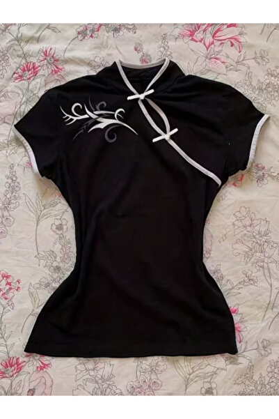 DREICH Çin Yakalı Floral Motifli Şeritli Vintage Y2K Kısa Kollu Crop