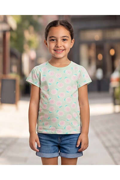 REDTAG تيشيرت بناتي بأكمام قصيرة مزين بطبعة زهور باللون النعناعي