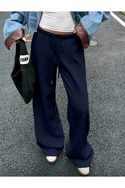 Le Vion Navy Blue Women's Wide Leg Sweatpants Oversize High Waist Comfortable...