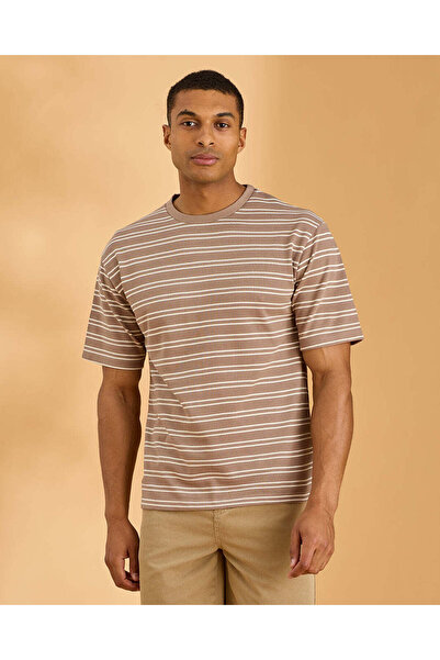REDTAG Men Beige Striped Jacquard T-Shirt