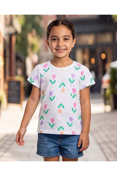 REDTAG تيشيرت بناتي مطبوع عليه زهور بيضاء