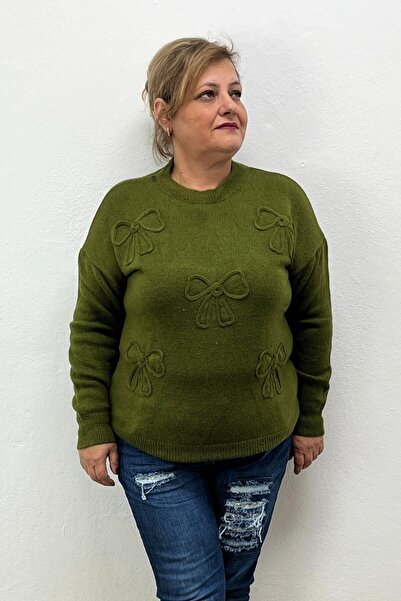 Mia Butik Women's Khaki Fiyok Embroidered Knitwear Blouse (Compatible up to S...