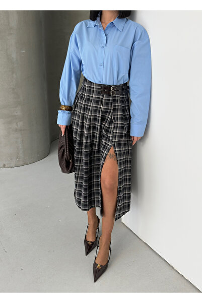alenmoda Belted Checkered Flared Woven Skirt