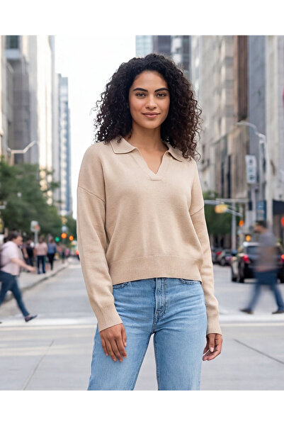 REDTAG Women’s Beige Long Sleeve Acrylic Knit Top