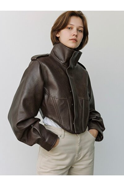 She Combines Kadın Kahverengi Balon Kol Asimetrik Kesim Tasarım Deri Ceket