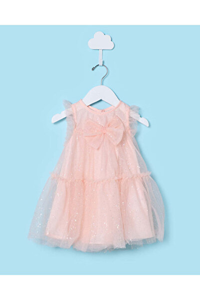 REDTAG فستان بناتي فاتح اللون من قماش التول بلون الخوخ الفاتح مع فيونكة أمامية
