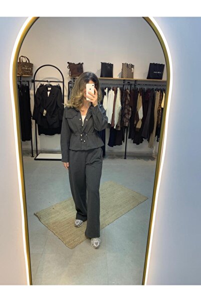 Ecenin Favorileri Gray women's sports jacket and pants set with flap pocket a...