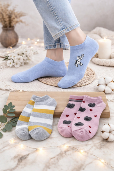 HarmonyTex Kadın 3’lü Desenli Patik Çorap Pamuklu Günlük Çorap Seti