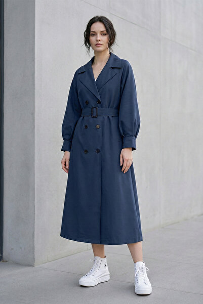 FERHEL Women's Balloon Sleeve Belt Detailed Long Trench Coat - Navy Blue