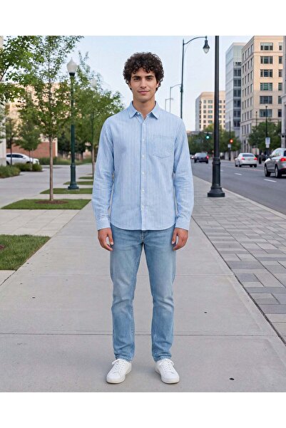 REDTAG Men Sky Blue Striped Long Sleeve Shirt