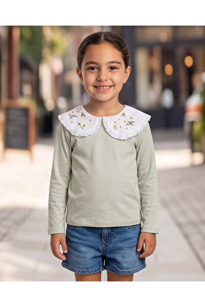 REDTAG Girls Green Embroidered Peter Pan Collar Jersey Top