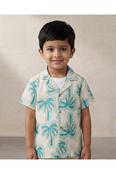 REDTAG Boys Blue And White Palm Printed Shirt With T-Shirt 2 Piece