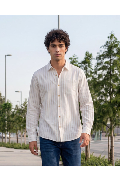 REDTAG Men’s White Striped Long Sleeve Linen Blend Shirt