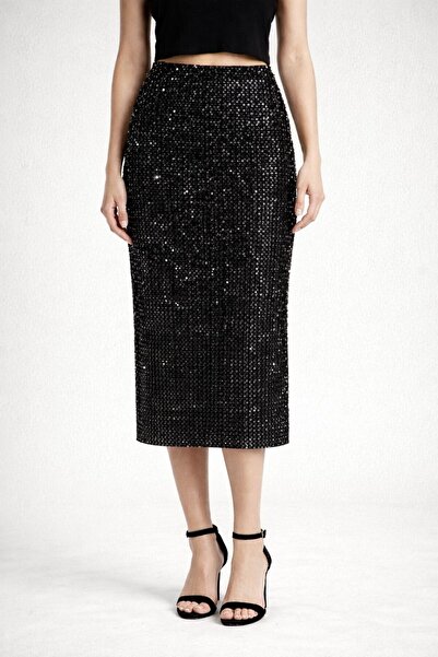 Miora Fashion Kadın Payetli Midi Boy Yüksek Bel Işıltılı Abiye Etek