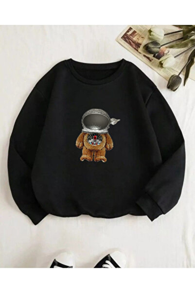 SERAH BUTİK Space Bear Printed Children's 3-Yarn Sweatshirt
