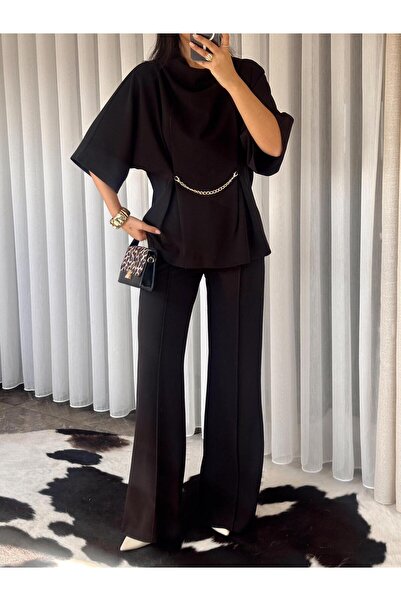 eBaa fashıon Chain Detail Short Sleeve Bluse and Pants Set