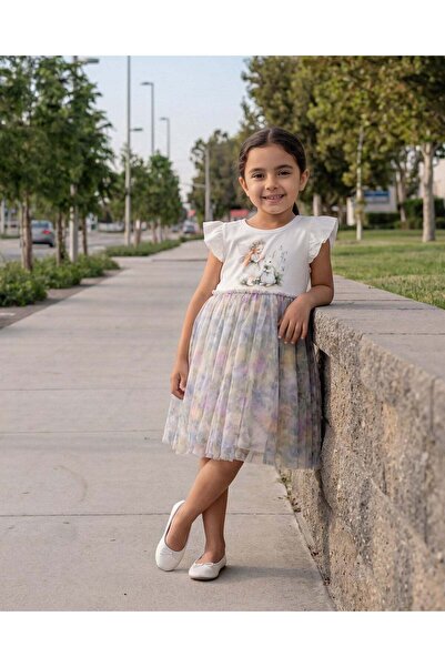 REDTAG فستان أبيض مطبوع للبنات مع تنورة شبكية مطبوع