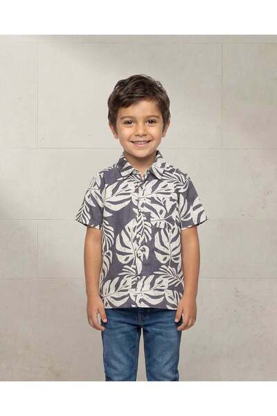 REDTAG Boys Navy Leaves Print Short Sleeve Shirt