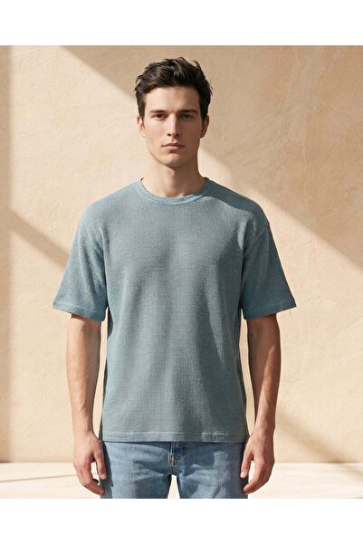 REDTAG Men Blue Jacquard T-Shirt