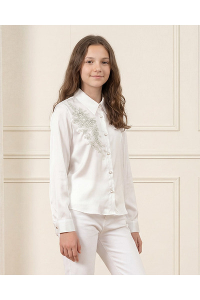 REDTAG Senior Girls White Embroidered Collared Long Sleeve Shirt