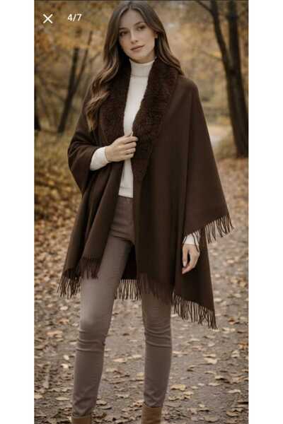 Netodak Soft Textured Fur Collared Tasseled Poncho Shawl Premium Quality Fur ...
