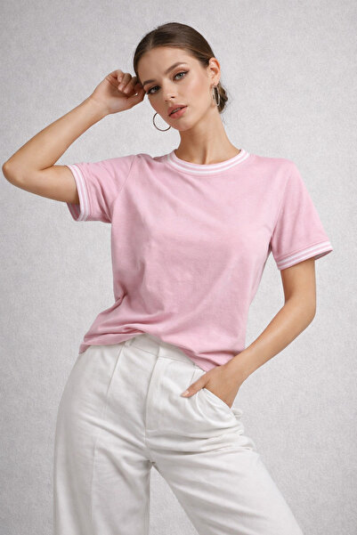 WILD BEE Women's Pink Knitwear Collar Basic Short Sleeve T-Shirt
