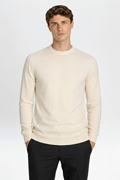 Sabri Özel Kemik Standard Fit Wool Blend Crew Neck Plain Men's Knitwear Sweater