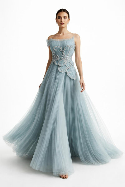 aşkın göksu Mavi Straplez Yaka Payet Çiçek İşlemeli Kabarık Kadın Abiye