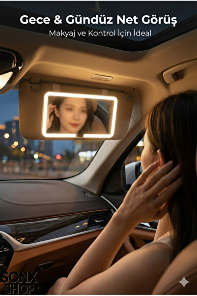 sonx Dokunmatik LED Işıklı ŞARJLI Araç Güneşlik Aynası – 3 Işık Modu, Lastikl...