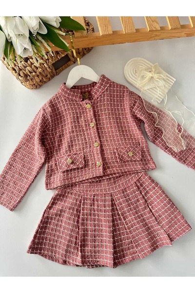 minnoşkidsbutik Kız Çocuk Pudra Tüvit Ceket ve Etek Takım
