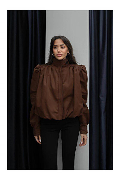 Coral Short Jacket with Padded Shoulders and Drawstring 85180 Brown