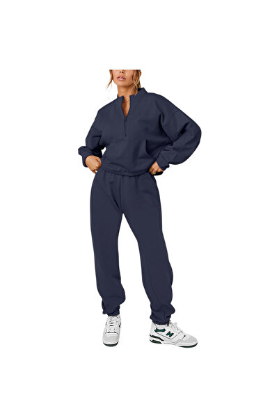OEM REORIA Women's Tracksuit - Cotton with Fleece, 1/2 Zip Hoodie, Navy Blue,...